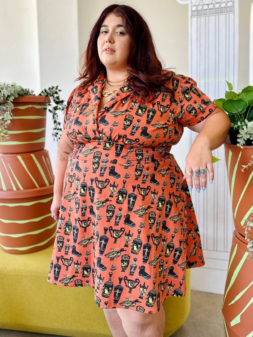 NOOWORKS Leah V Neck Dress Pots Print Grecian Roman A Line Skirt Short Sleeves